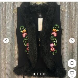 Black Faux Fur Trim Vest with Floral Embroidery